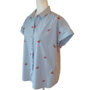 Untuckit Charlotte Blue Striped Shirt with Cherry Embroidery Women's Large